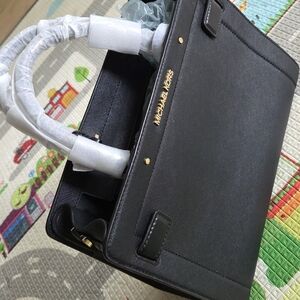 Michael Kors Black Leather Saffiano Handbag(Satchel Bag) with Gold Hardware